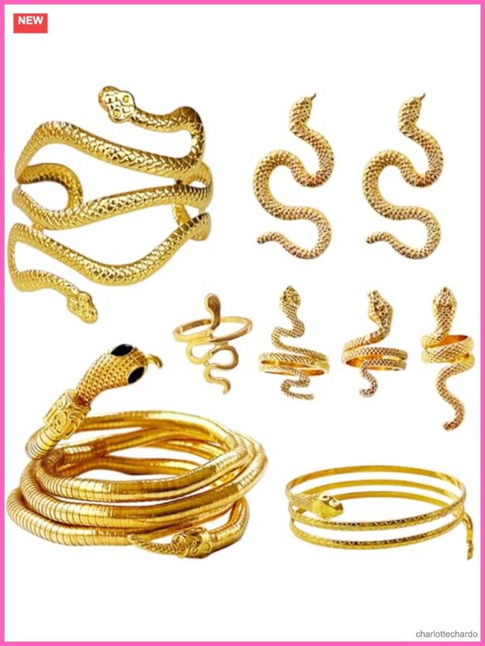 Womens Snake Jewelry Set 9 Piece Adjustable Alloy Necklace Earrings Rings